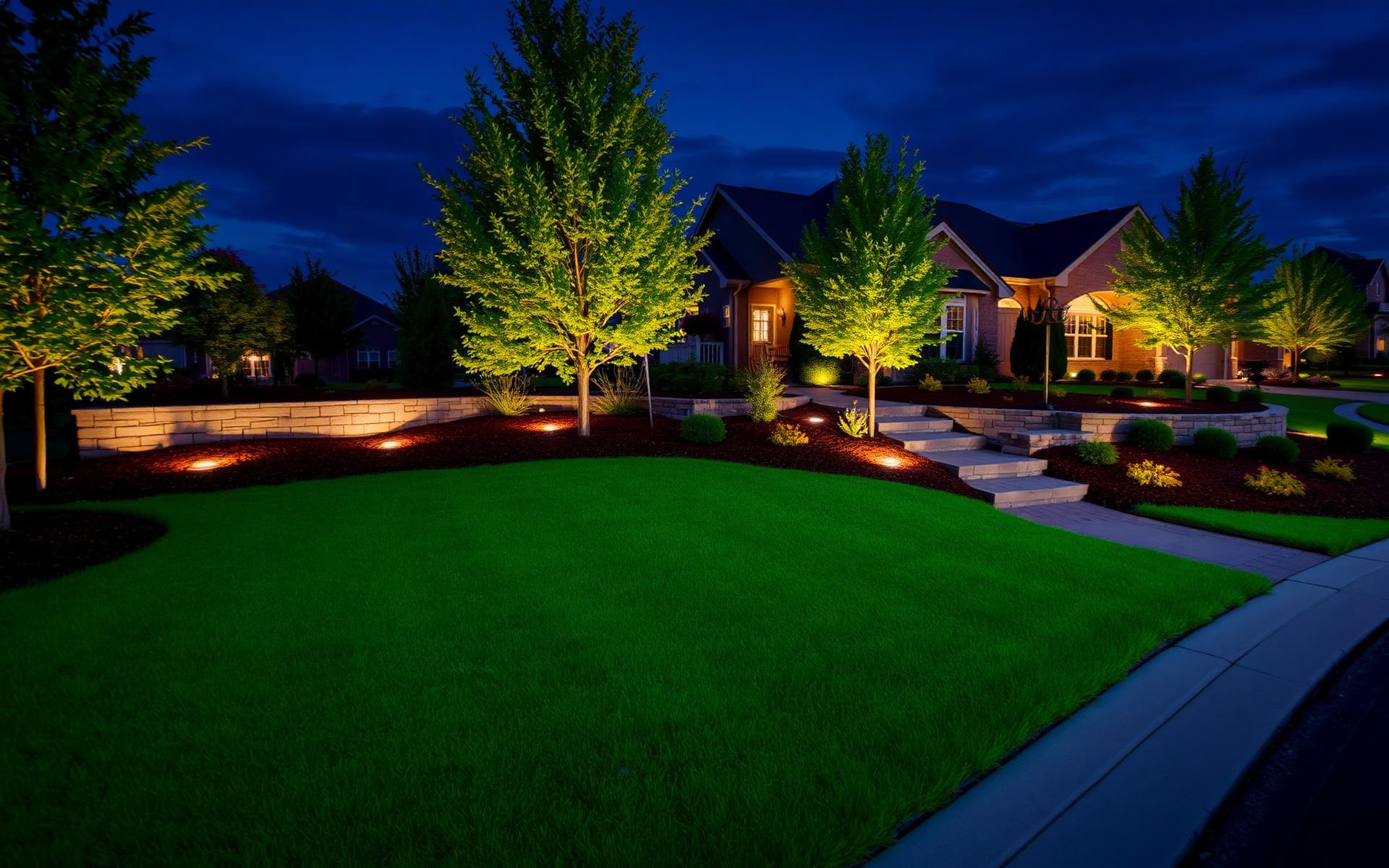 Manicured front yard with landscape lighting at dusk