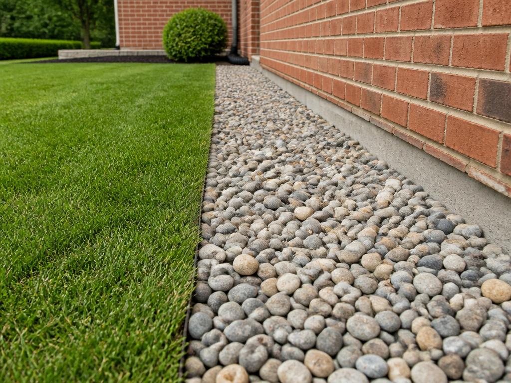 French drain with river rock directing water away from a Charlotte home's foundation