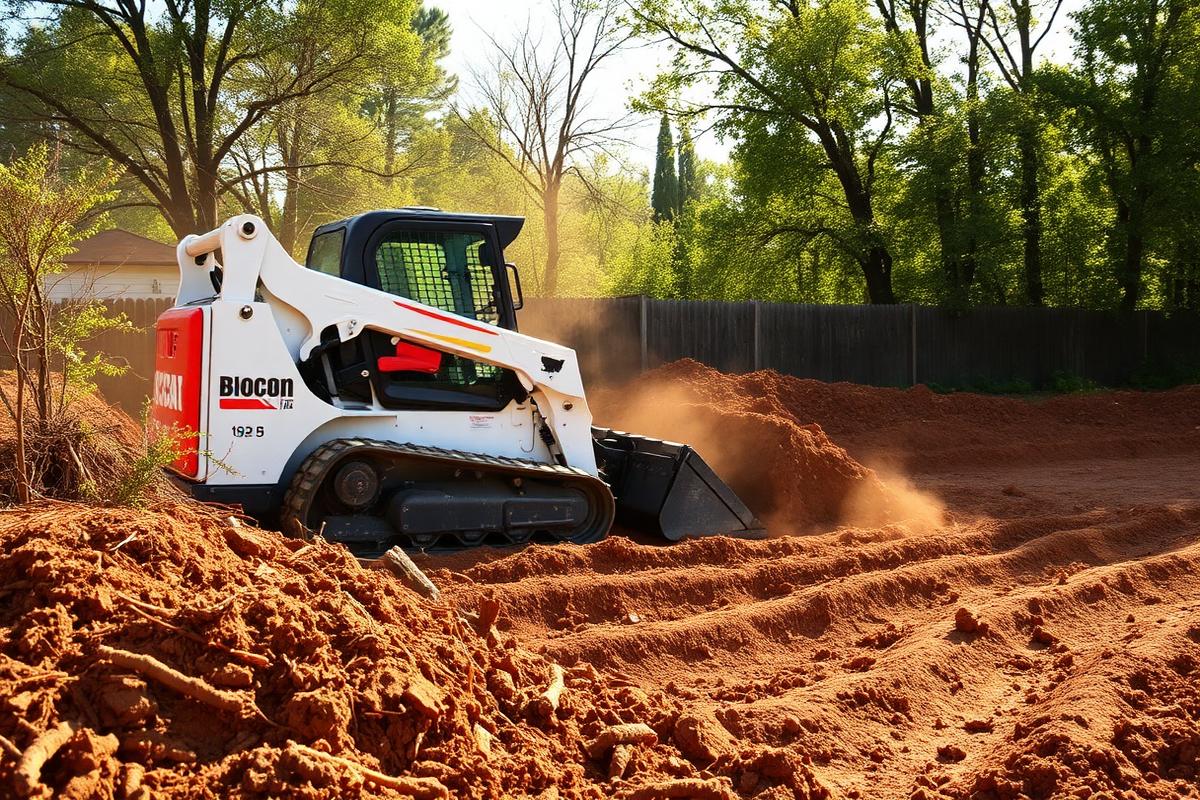 Compact track loader clearing brush and grading soil on a residential lot