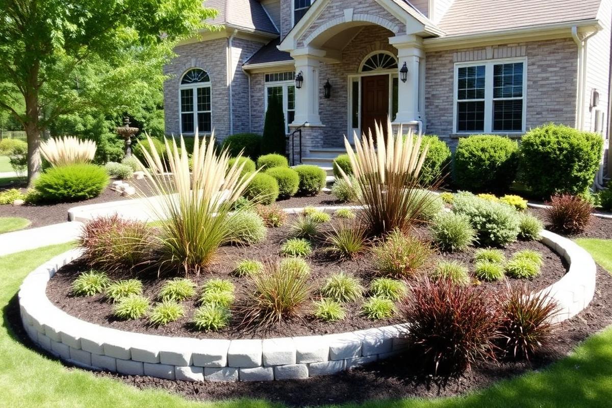 Curved landscape beds with layered shrubs and ornamental grasses in a front yard