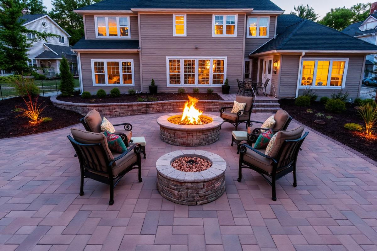 Paver patio with a stone fire pit and seating behind a home at dusk