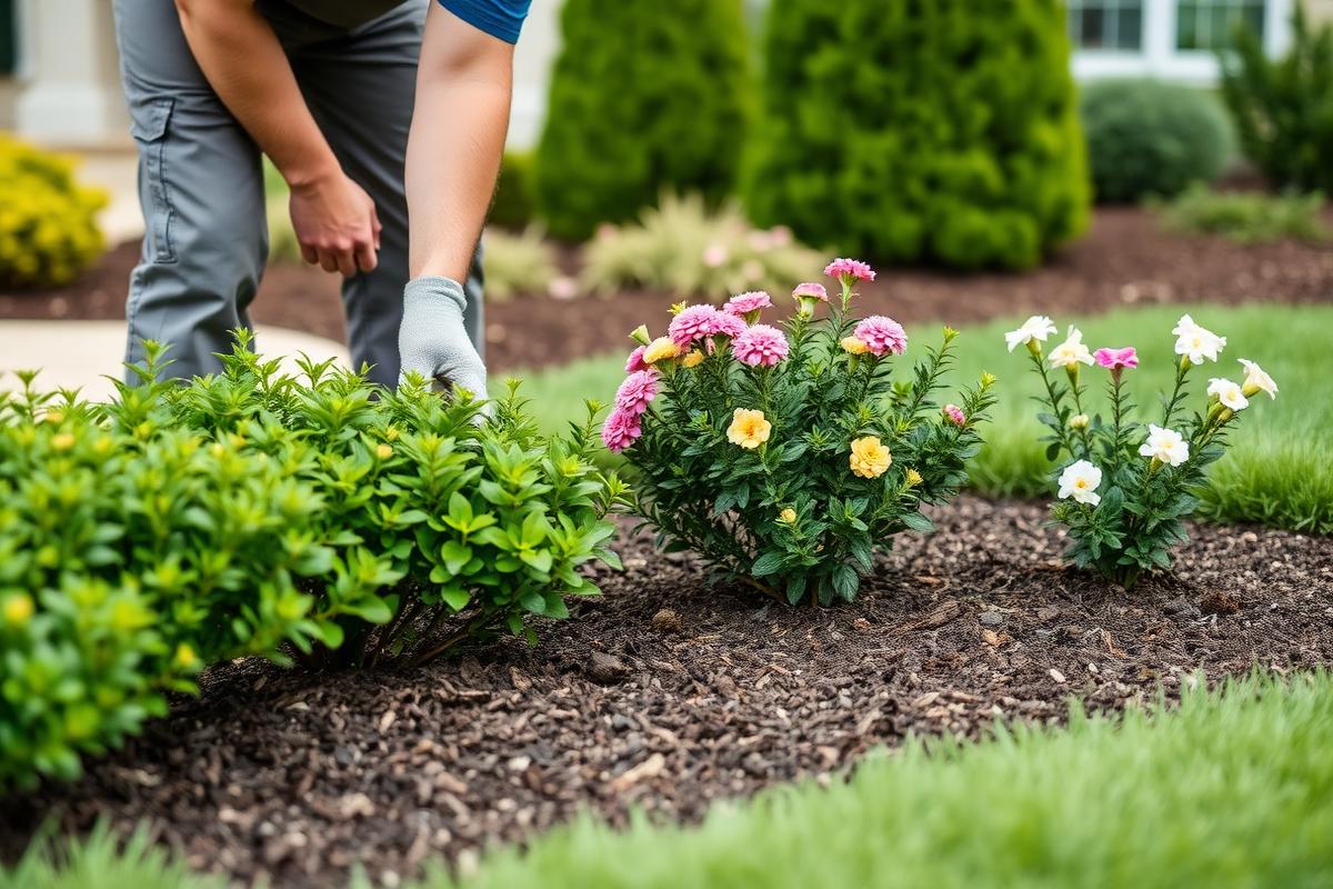 Landscaper planting flowering shrubs into a freshly mulched bed