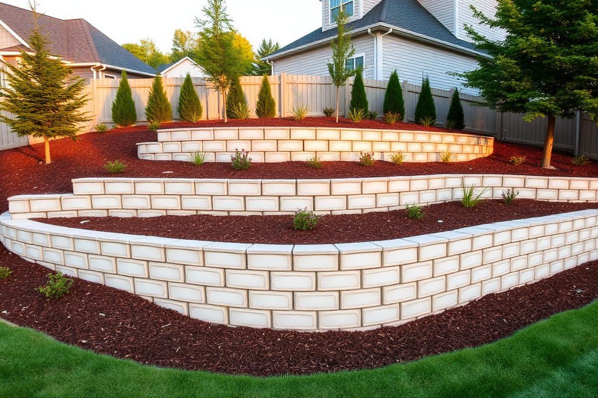 Tiered block retaining wall with mulched beds behind a Charlotte home