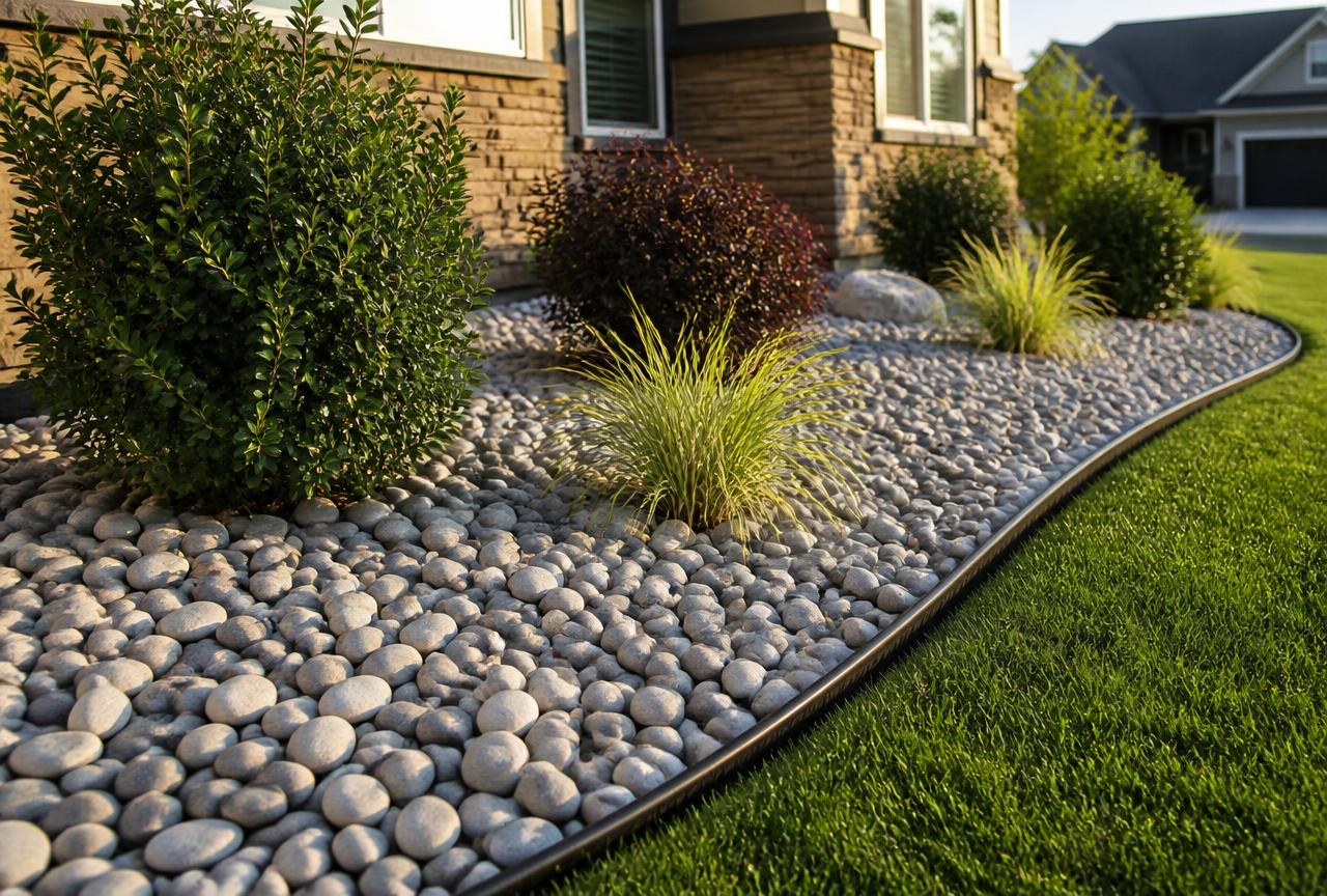 Decorative river rock bed with steel edging and shrubs at a Charlotte home