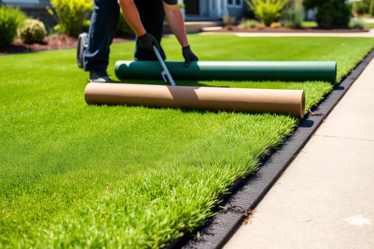 Fresh sod rolls being laid on a prepared residential lawn
